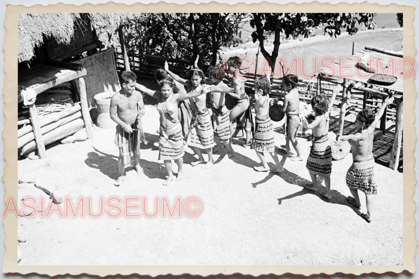 50s PHILIPPINES MOUNTAIN TRIBE TATTOO WOMEN TOPLESS DANCING Vintage Photo 24121