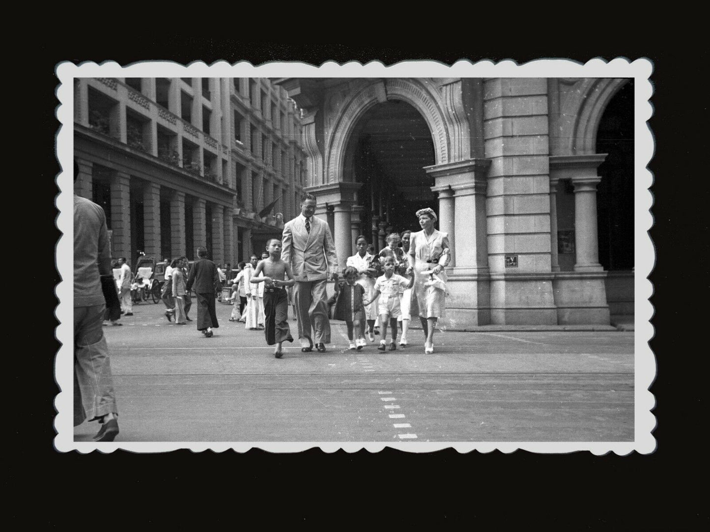 British Colony Building Street Women Children Boy Vintage Hong Kong Photo #714