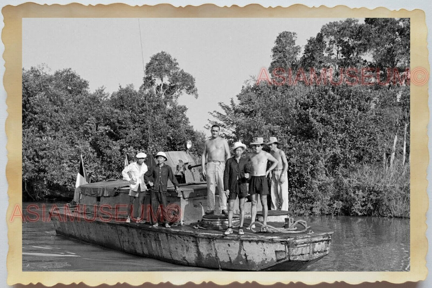 40s Saigon Army Topless Fishing Boat Mekong River Vietnam War Vintage Photo #638