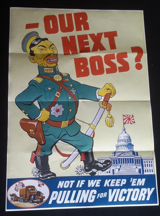 1943 WW2 USA AMERICA JAPAN TOJO ARMY TRUCK WHITE HOUSE FLAG PROPAGANDA POSTER