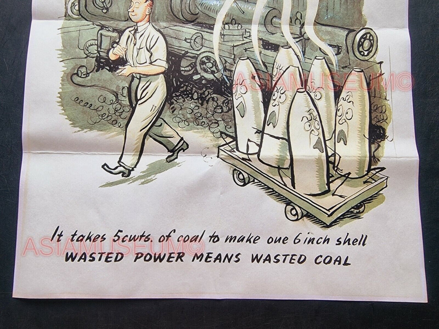 1943 WW2 USA AMERICA BRITAIN FACTORY WASTE POWER COAL BOMB WAR PROPAGANDA POSTER