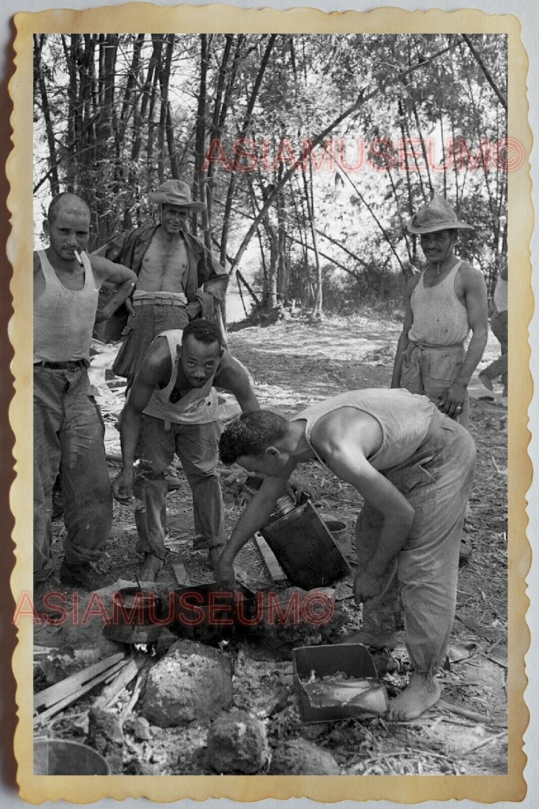 40s Vietnam War SAIGON ARMY SOLDIER TOPLESS MAN COOKING FOOD Vintage Photo 1367