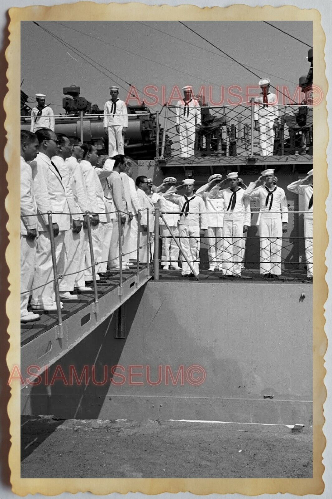 50s Vietnam SAIGON FRANCE USA NAVY SAILOR WARSHIP WAR FLAG  Vintage Photo #998