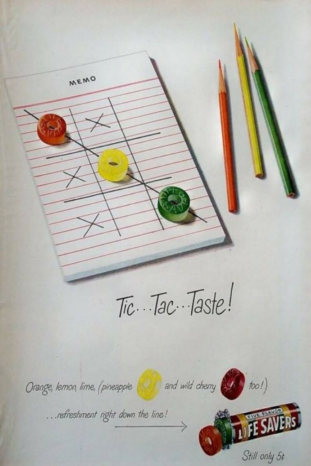 1950s Tic Tac Toe Pencil Candy Fruity Sweets Live Savers ads Vintage Postcard 74