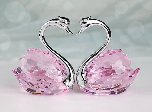 HUGE BIG PAIR SWAN PINK CRYSTAL WEDDING VALENTINE'S FIGURINE SILVER WHITE GOLD