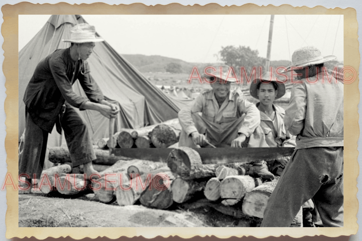 40s WW2 Vietnam FRENCH ARMY SOLDIER SAWMILL TIMBER LOG CAMP Vintage Photo 26902