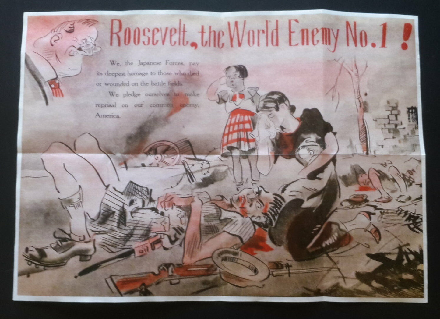 1941 WW2 JAPAN PHILIPPINE ANTI USA AMERICA ROOSEVELT WOMEN KID PROPAGANDA POSTER