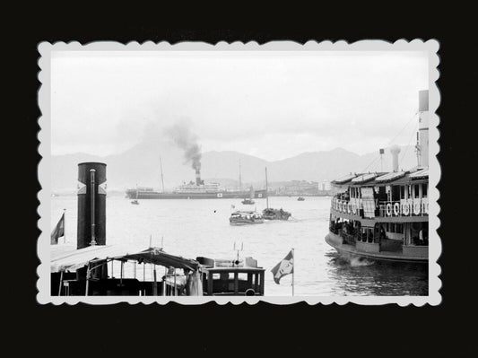 40s Ferry Steam Ship Harbor Pier Japan Flag Hill Vintage Hong Kong Photo #632