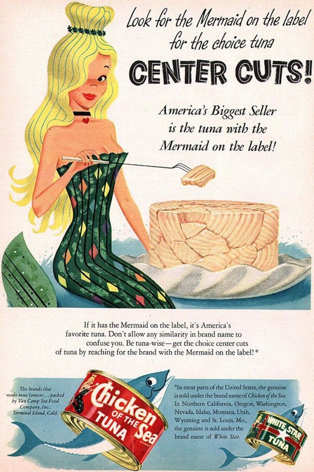 1950s AMERICA BLONDE MERMAID CHICKEN SEA TUNA CAN FOOD Ads Vintage Postcard #94