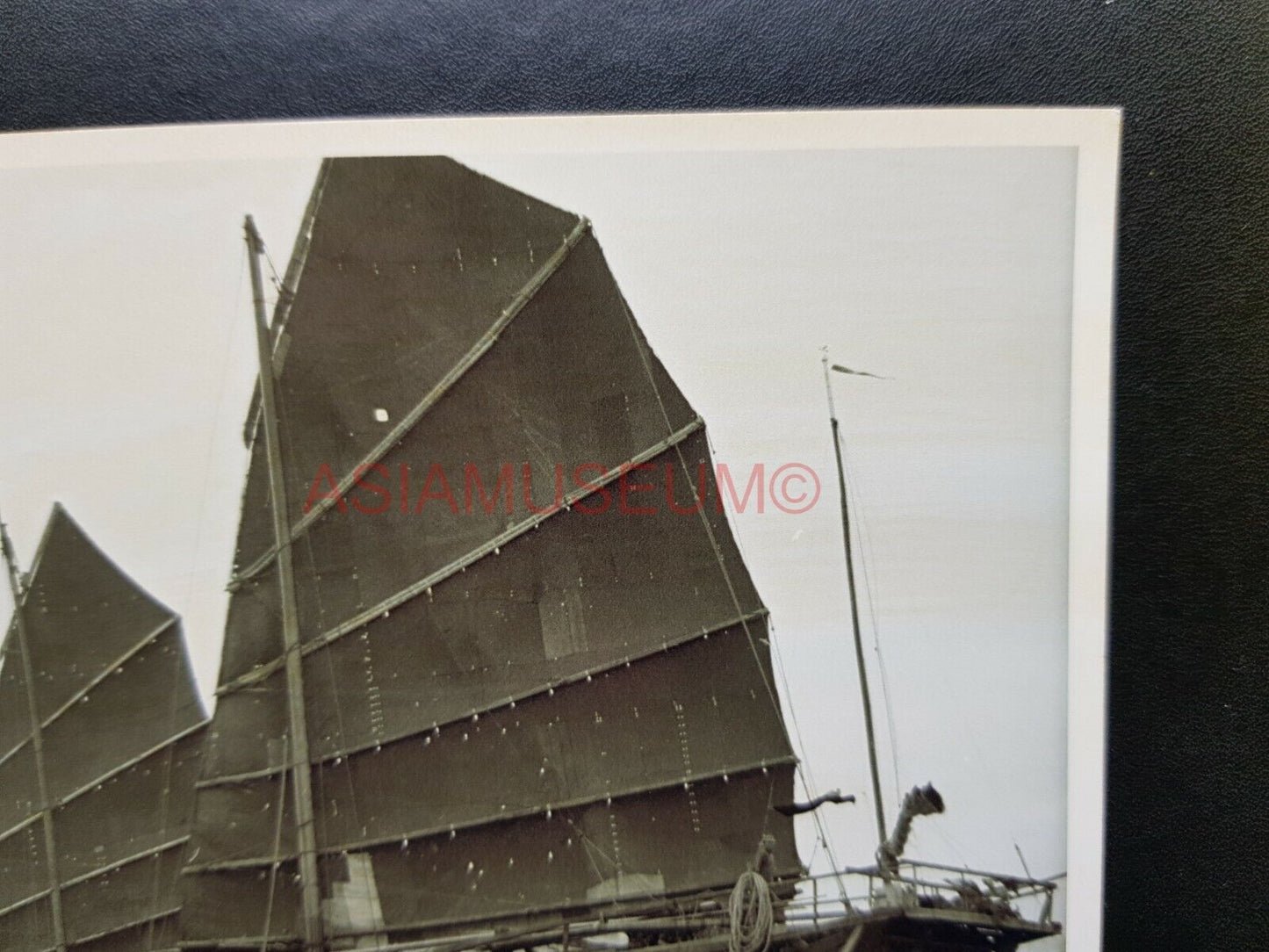 Chinese Junk Boat Ship Sail Sea Vintage B&W Hong Kong Photo Postcard RPPC 1254