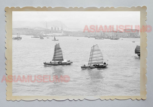 HARBOR BOAT HOUSE CHINESE JUNK SAIL SHIP B&W VINTAGE HONG KONG Photo 28897 香港旧照片