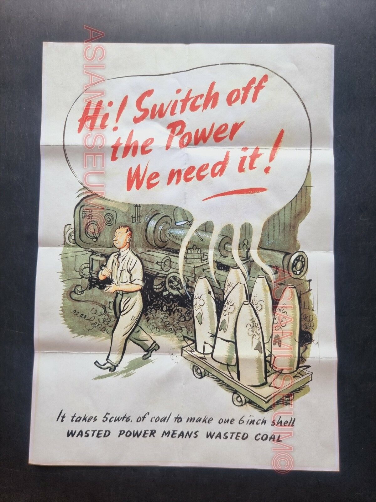 1943 WW2 USA AMERICA BRITAIN FACTORY WASTE POWER COAL BOMB WAR PROPAGANDA POSTER