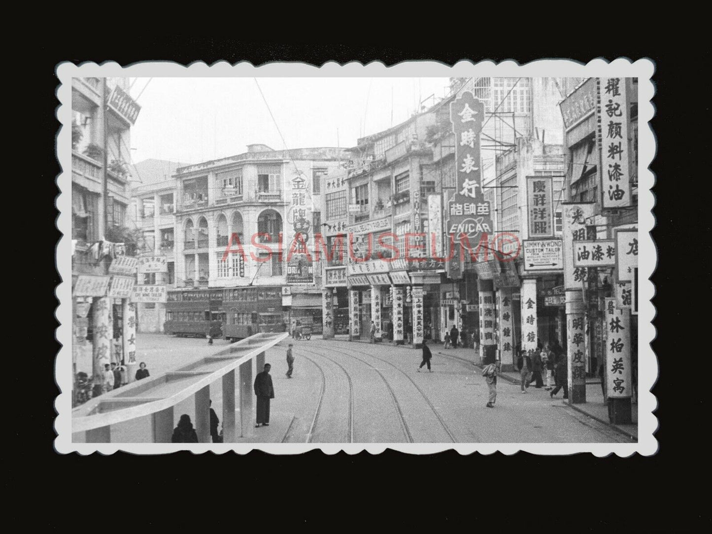 1950s Wan Chai Street Scene Double Bus Stop Tram Vintage Hong Kong Photo #1322