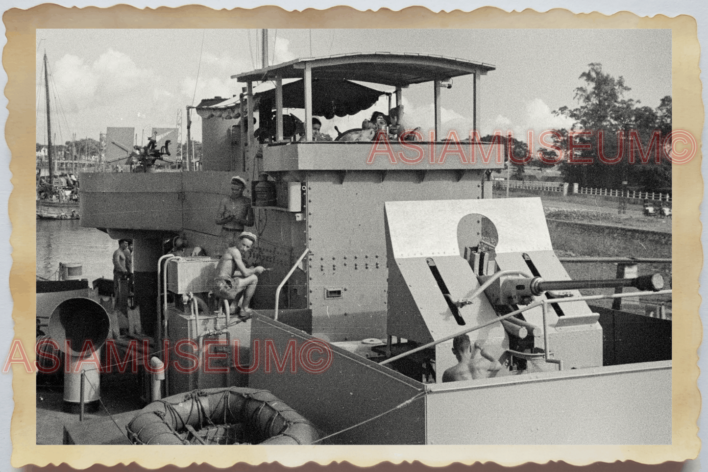 40s WW2 Vietnam FRENCH BATTLESHIP GUN TOPLESS GROUP SOLDIER Vintage Photo 25592