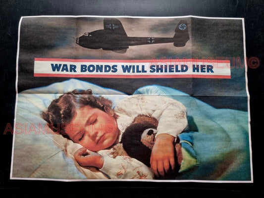 1943 WW2 USA BUY WAR BONDS SHIELD GIRL PLANE TEDDY BEAR  PROPAGANDA POSTER 595