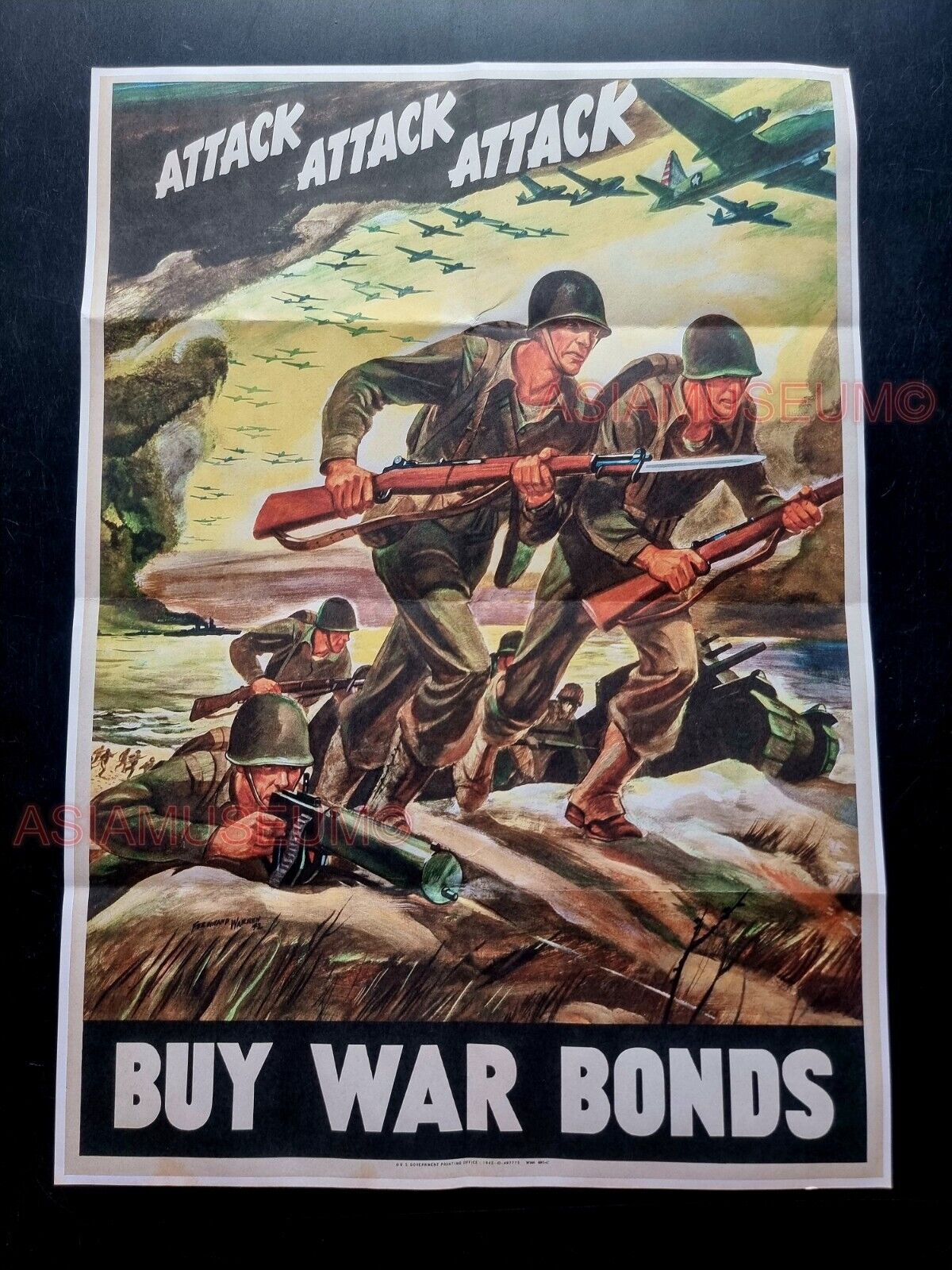 1943 WW2 USA ATTACK BUY WAR BONDS ARMY SOLDIER BATTLE TANK PROPAGANDA POSTER 536