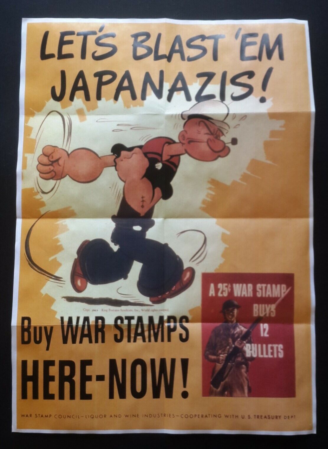 1941 WW2 USA AMERICA POPEYE CARTOON ANTI JAPANESE WAR STAMPS PROPAGANDA POSTER