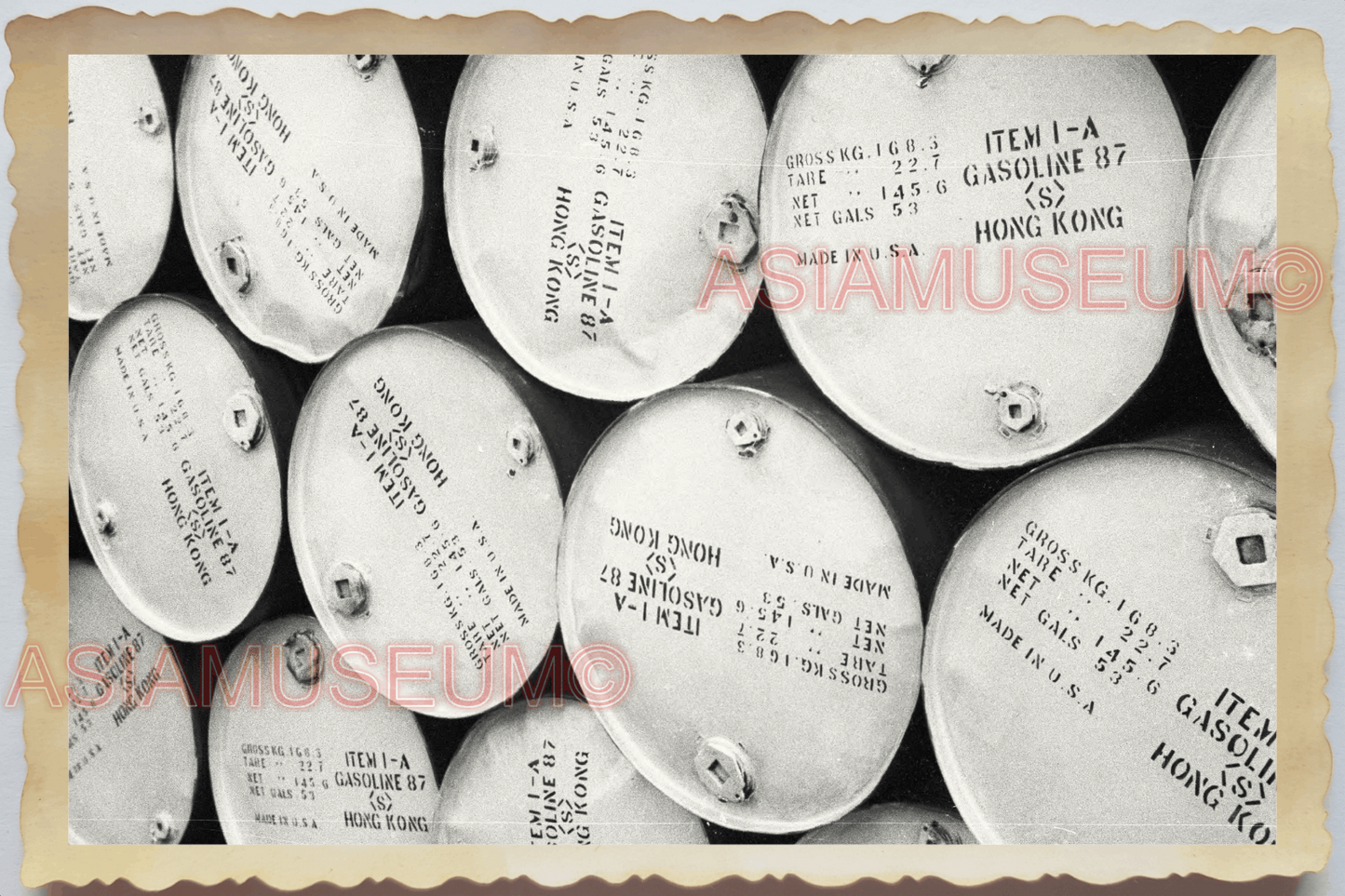 40s WW2 Vietnam HANOI INDOCHINA BARREL GASOLINE MOBIL TEXACO Vintage Photo 04221