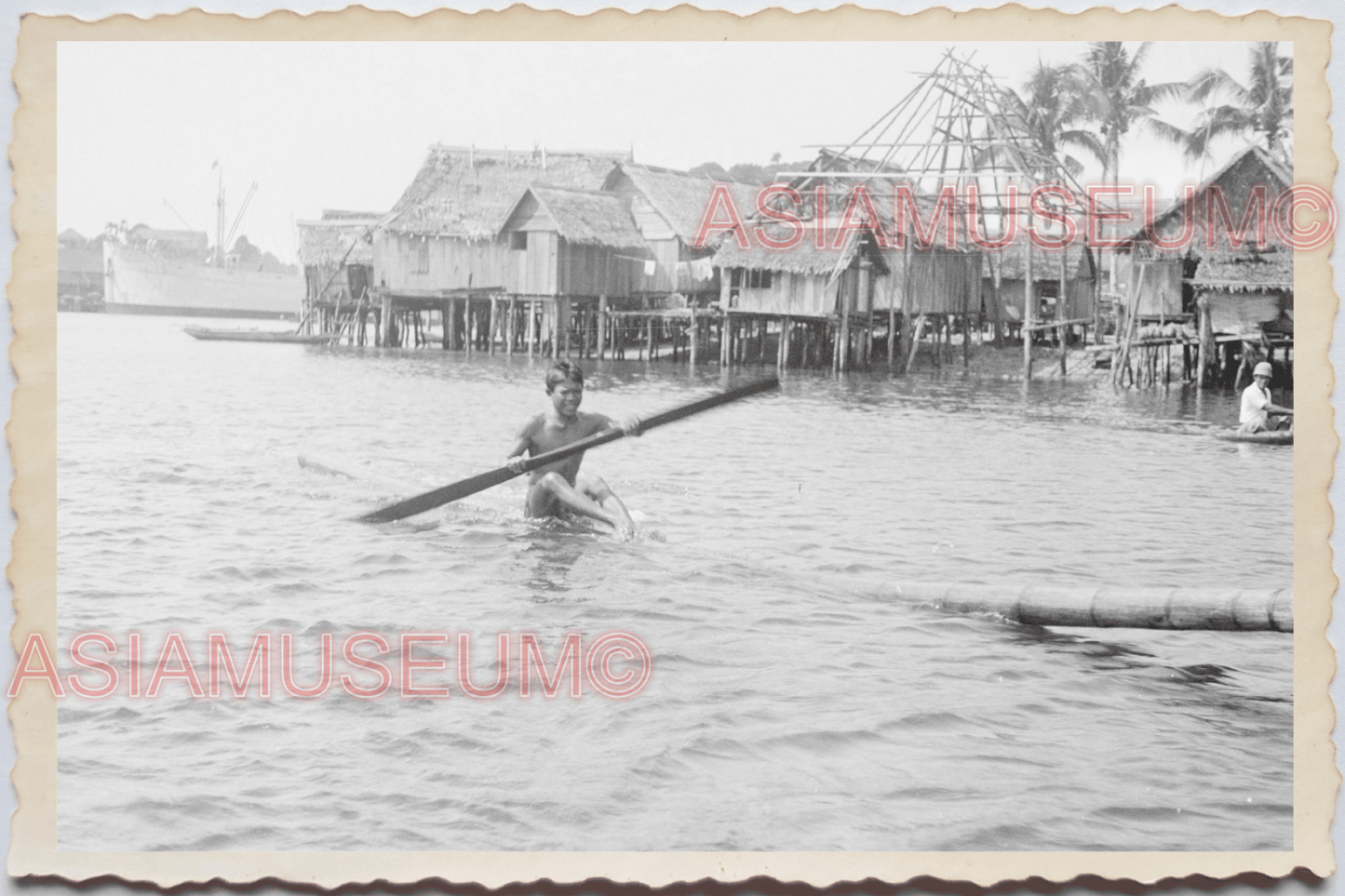 50s PHILIPPINES STILT HOUSE WATERFRONT PRT HOLLAND BOY PLAY Vintage Photo 29509