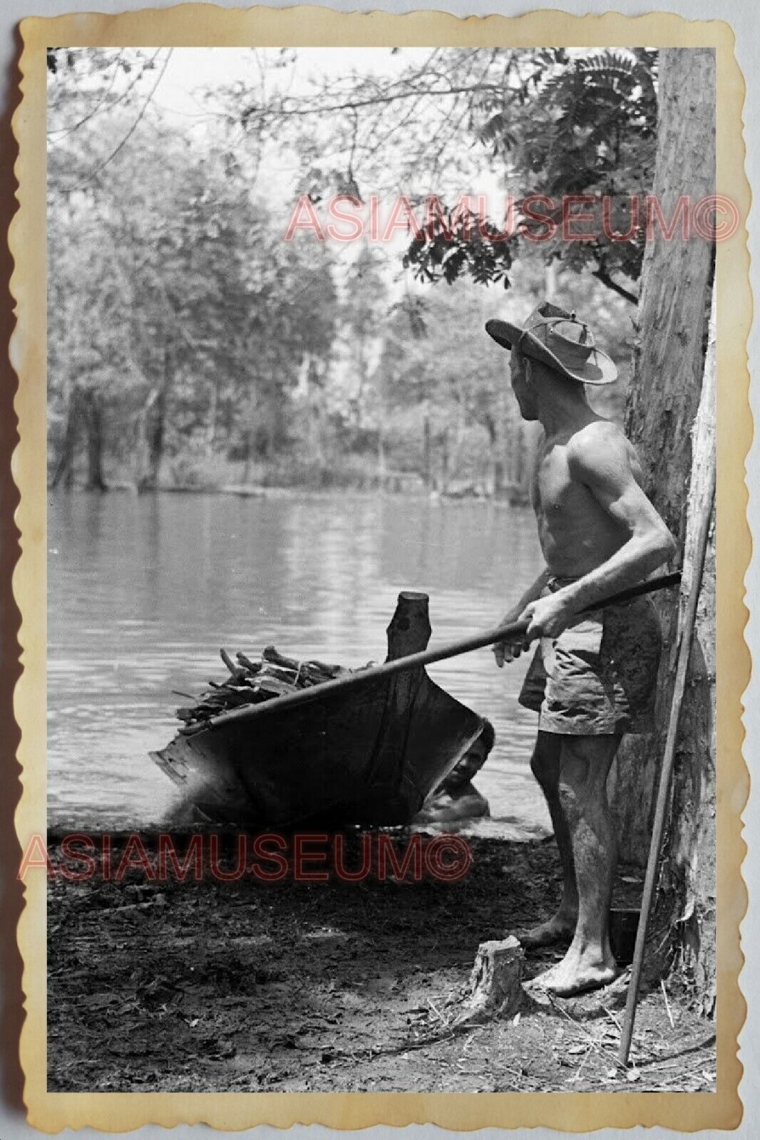 50s Vietnam SAIGON RIVER BOAT ARMY PATROL TOPLESS MAN GAY WAR Vintage Photo #819