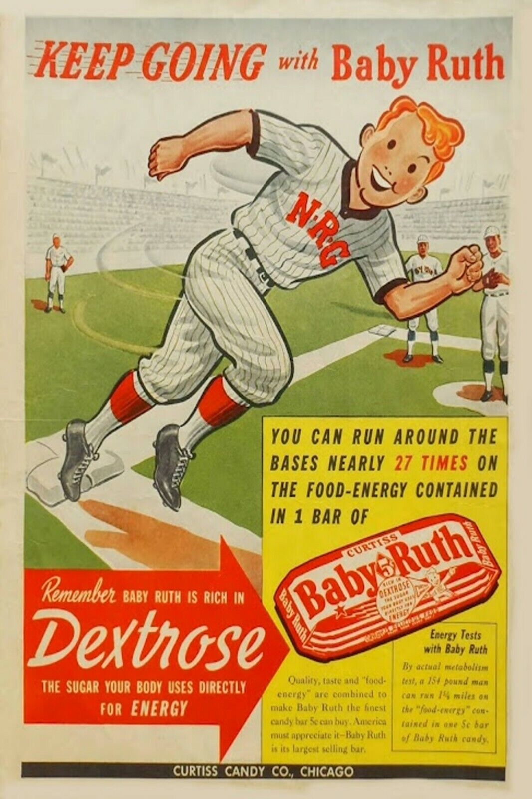 Vintage Baby Ruth Energy Bar Baseball Dextrose Chicago Home Run NRG Postcard