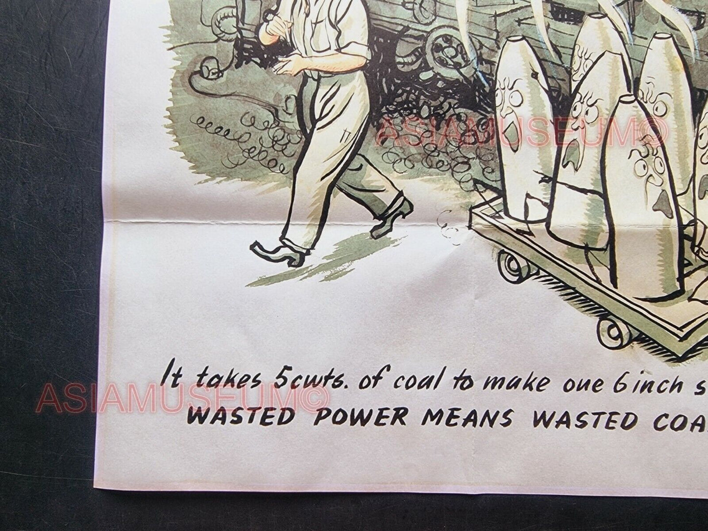 1943 WW2 USA AMERICA BRITAIN FACTORY WASTE POWER COAL BOMB WAR PROPAGANDA POSTER