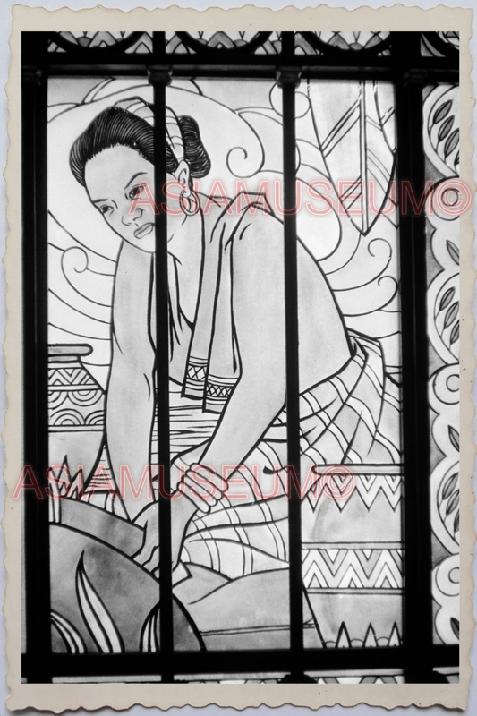 60s PHILIPPINES MANILA STAINED GLASS DOOR CHURCH WOMEN LADY Vintage Photo 26314