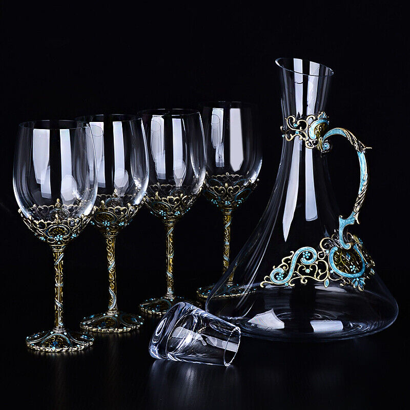 Set Antique Renaissance Vintage 4 Brass Turquoise Crystal Glass Decanter Wine