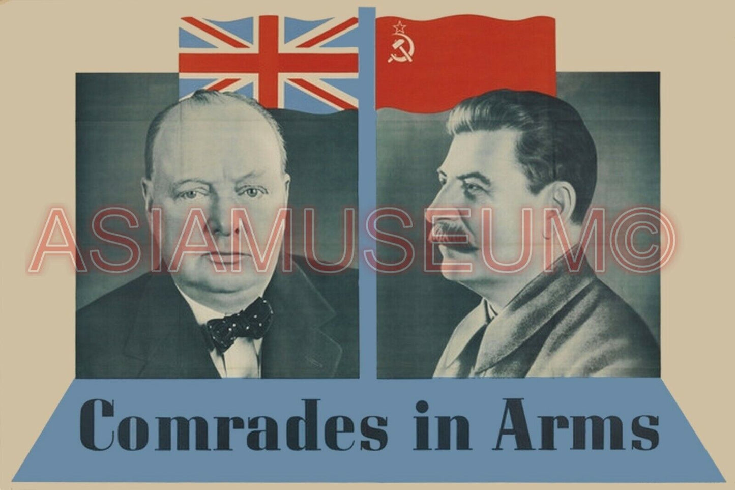 1941 WW2 BRITAIN CHURCHILL USSR CCCP STALIN FLAG PORTRAIT  PROPAGANDA Postcard