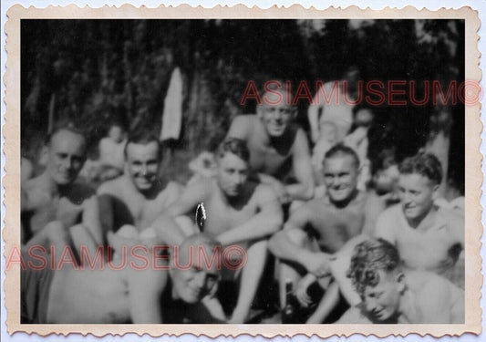 1942 WWii Group Troops ARMY Soldier Topless Man Barrack War Bunker Photo E150