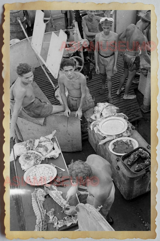 40s Vietnam War SHIP ARMY NAVY SAILOR TOPLESS MAN GAY COOKING Vintage Photo 1235