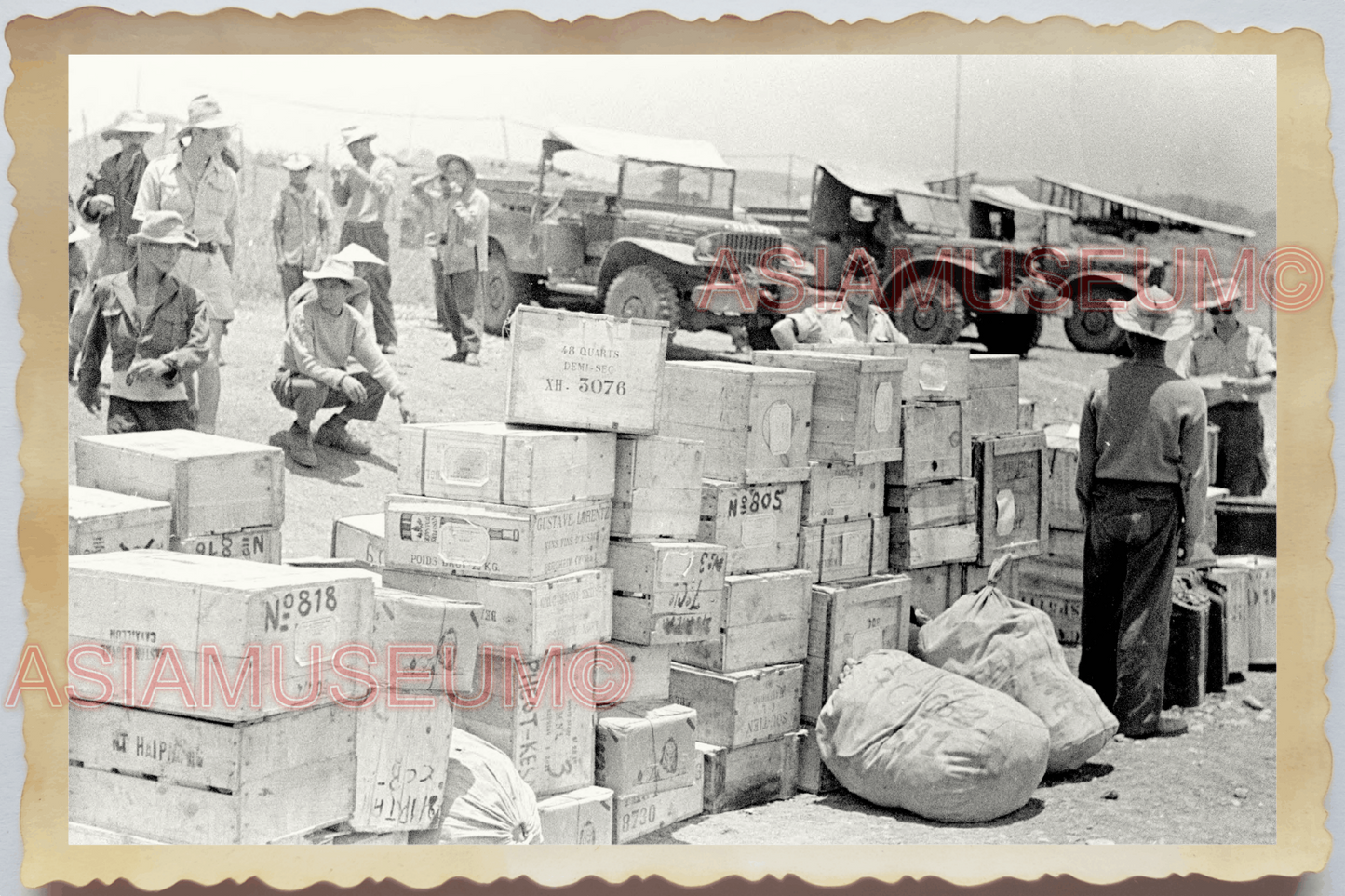 40s WW2 Vietnam MILITARY AIRBASE JEEP TRUCK CRATE FOOD MEN  Vintage Photo 27019