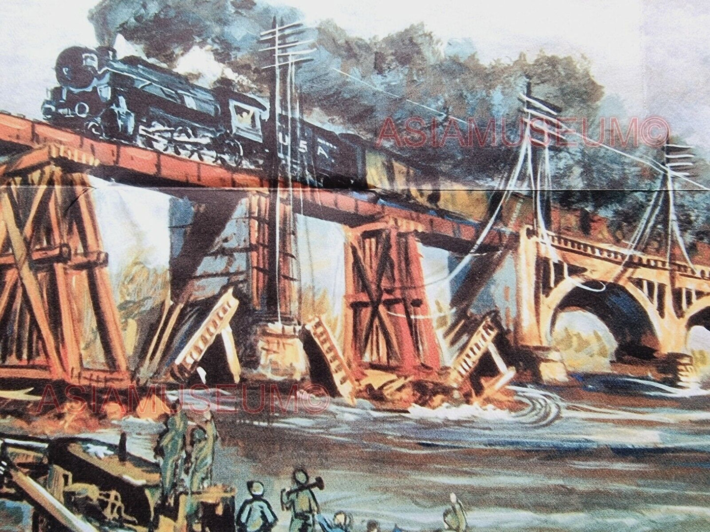 1943 WW2 AMERICA RAILROAD BRIDGE RAILWAY TRAIN ART PAINTING  PROPAGANDA POSTER