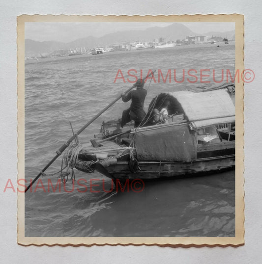 1940s HARBOR MAN STEERING BOAT KOWLOON  B&W Vintage Hong Kong Photo 29891 香港旧照片