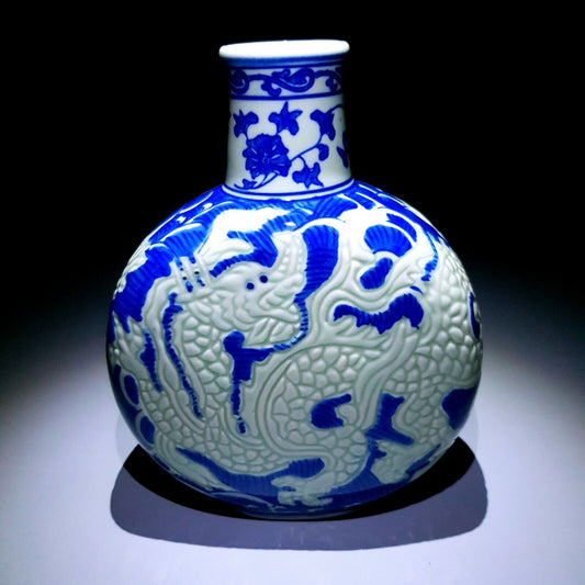 Chinese Antique 17th C Qing Dynasty DRAGON VASE Glaze Blue and White Porcelain
