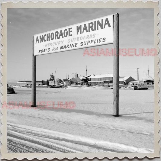 40s ALASKA ANCHORAGE MARINA SIGN BOAT USA OLD AMERICA UNITED STATES Photo S12008