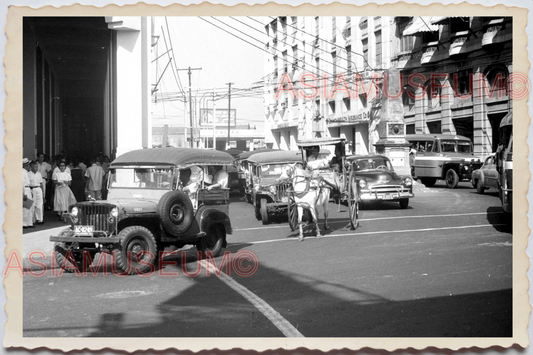 50s PHILIPPINES MANILA STREET SCENE CAR TRAFFIC HORSE ROAD Vintage Photo 28319