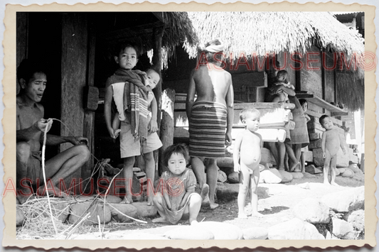 50s PHILIPPINES MOUNTAIN TRIBE TATTOO VILLAGE CHILDREN HOUSE Vintage Photo 24142