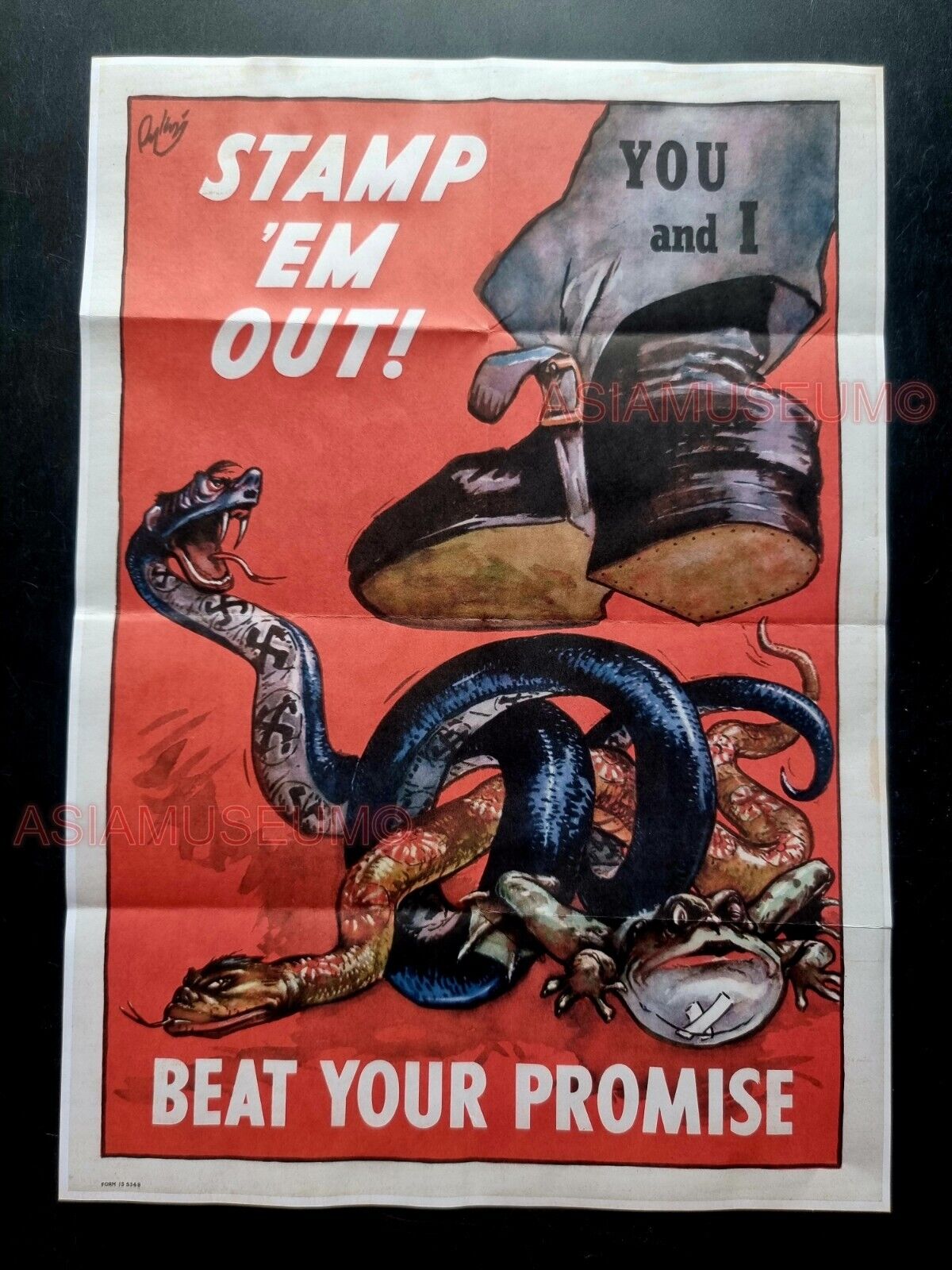 1943 WW2 USA AMERICA STAMP 'EM OUT BEAT PROMISE SNAKE SHOE PROPAGANDA POSTER 512