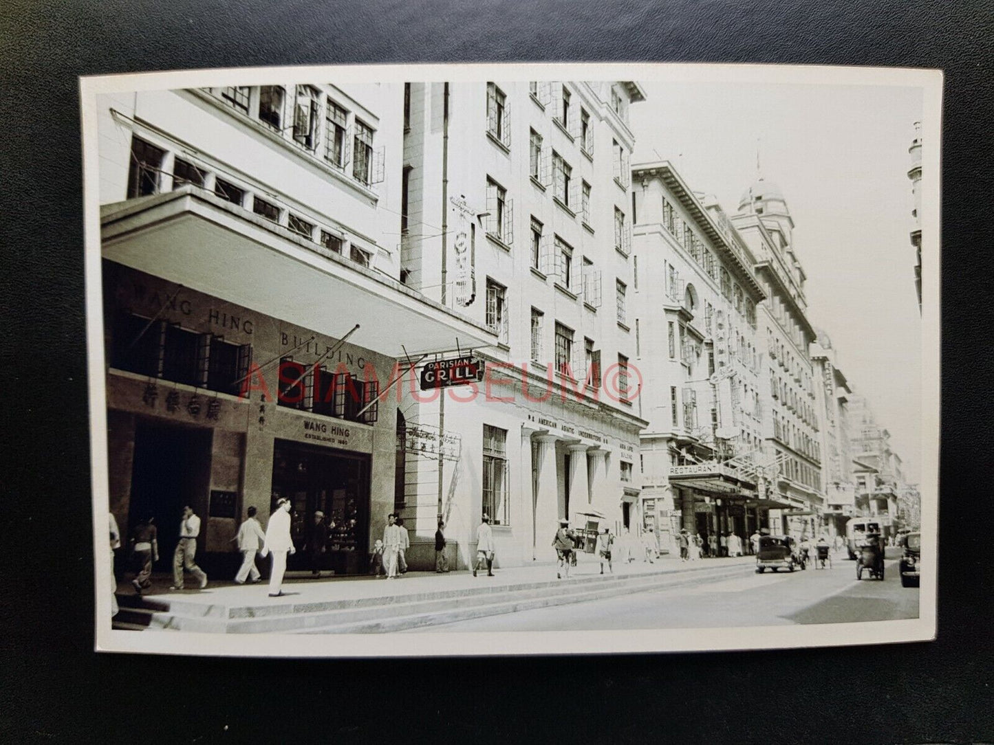 Car Bus America Building Queen's Road  Hong Kong Photo b&w Postcard RPPC 1590