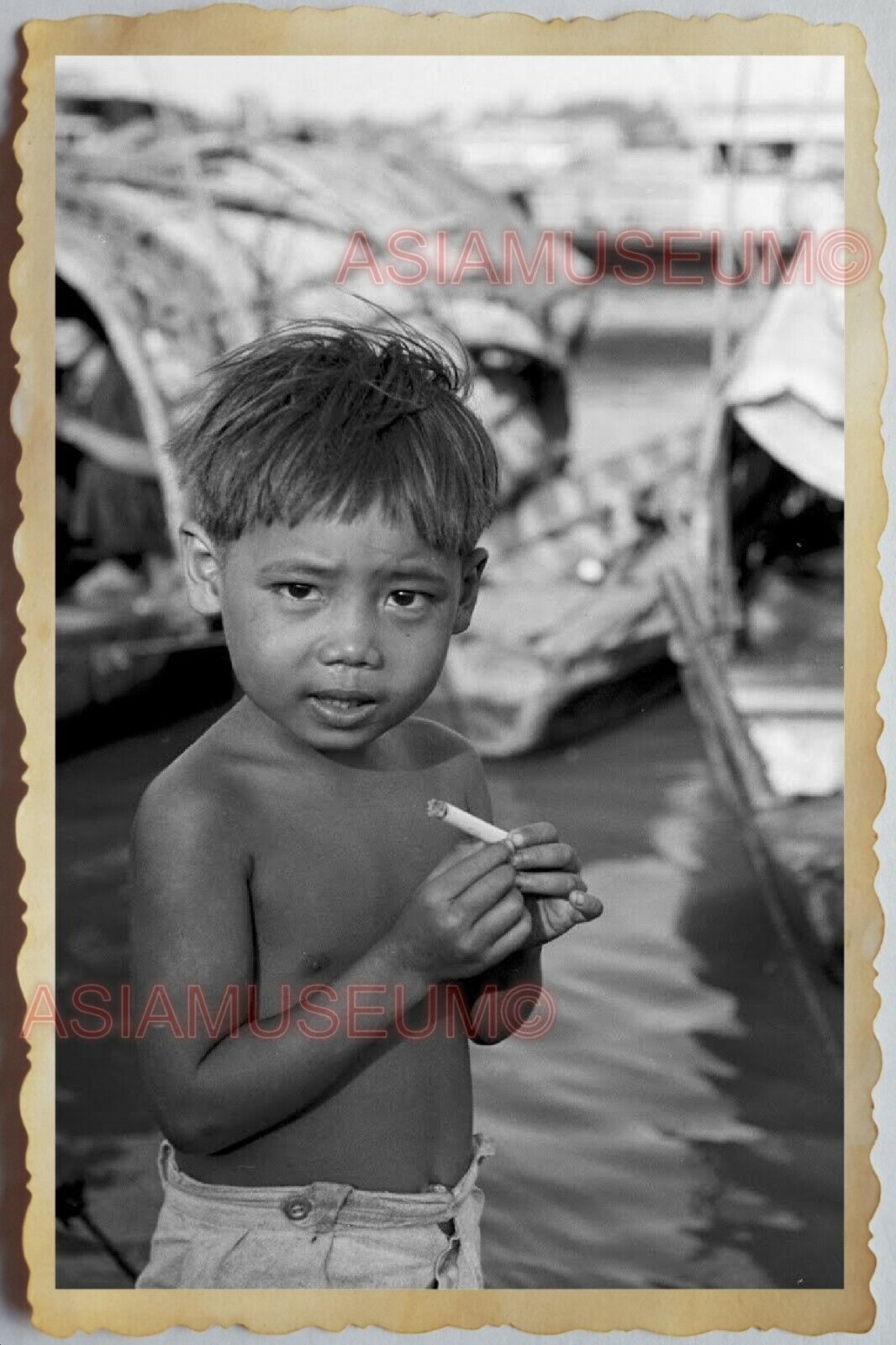 50s Vietnam SAIGON CHILDREN BOY BOAT HOUSE PLAYING OLD B&W  Vintage Photo 1058