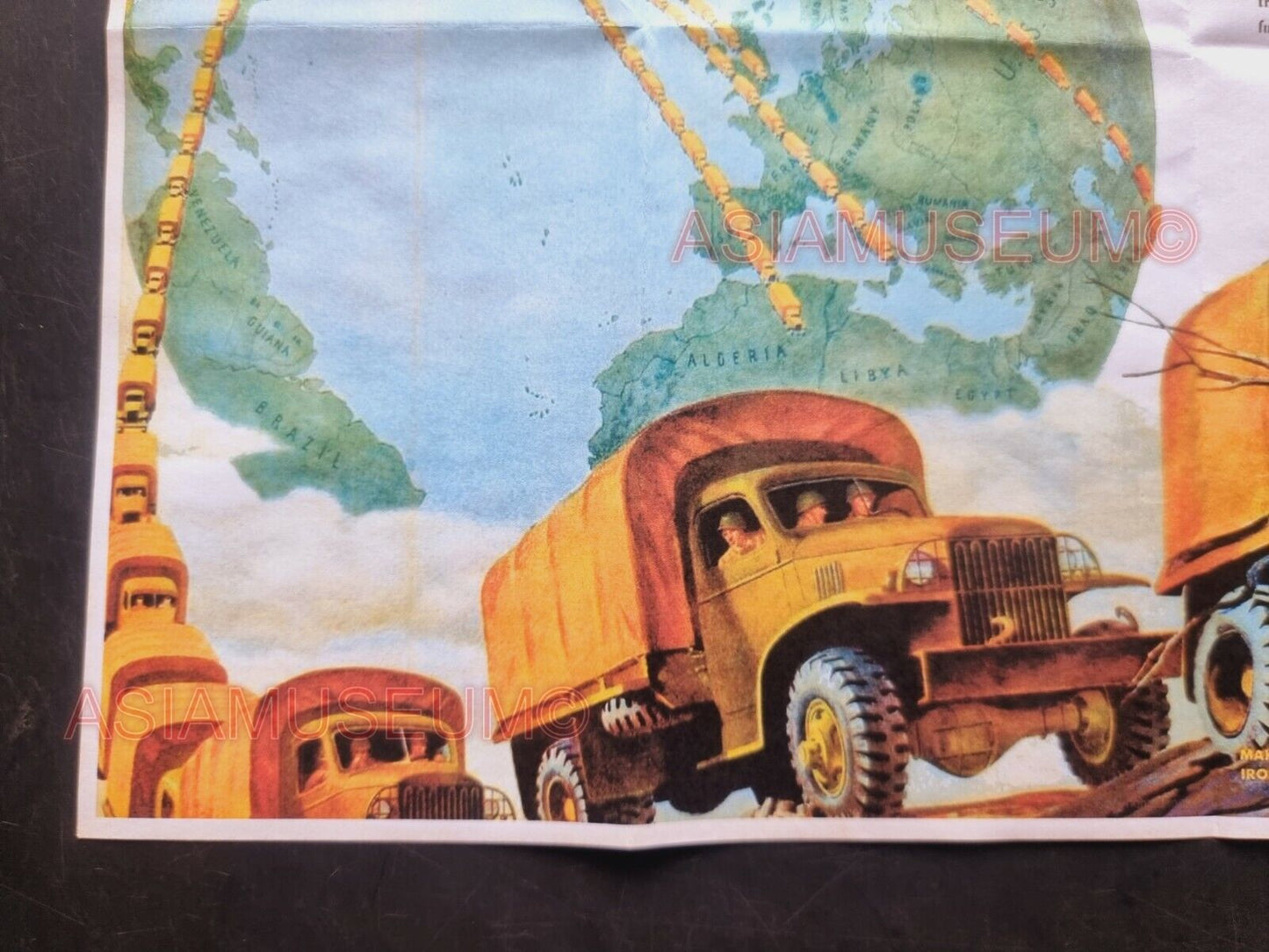 1943 WW2 USA AMERICA CAR TRUCK CHEVROLET WORLD MAP BATTLE ARMY PROPAGANDA POSTER