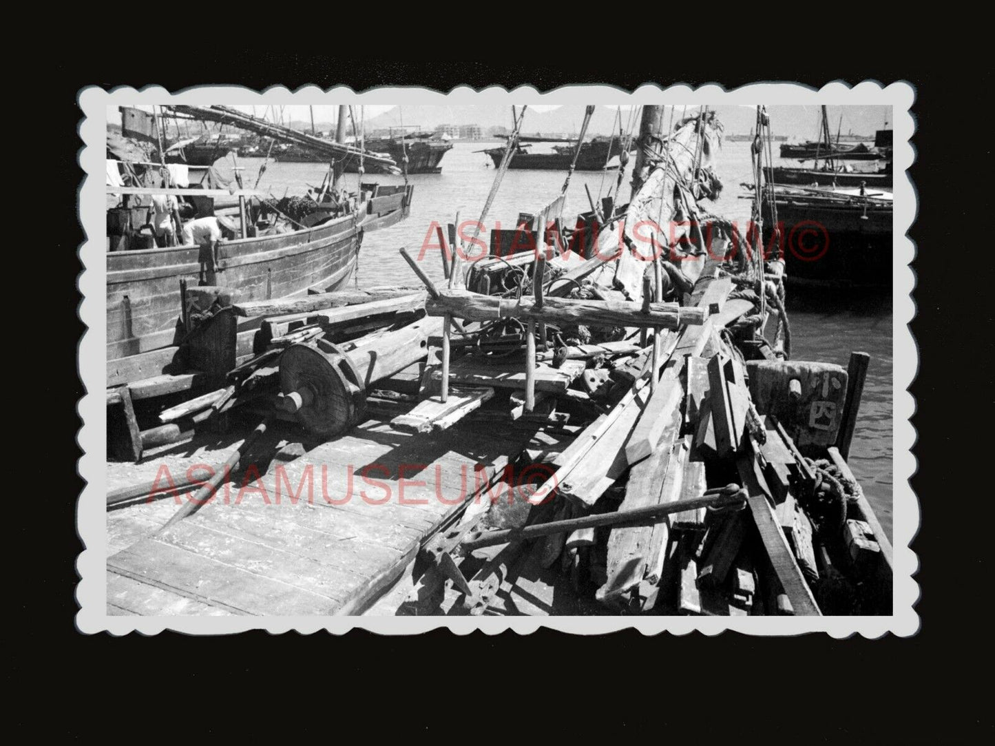 1940s Chinese Junk Cannon Dockyard Prepare WW2 Vintage b&w Hong Kong Photo #1618