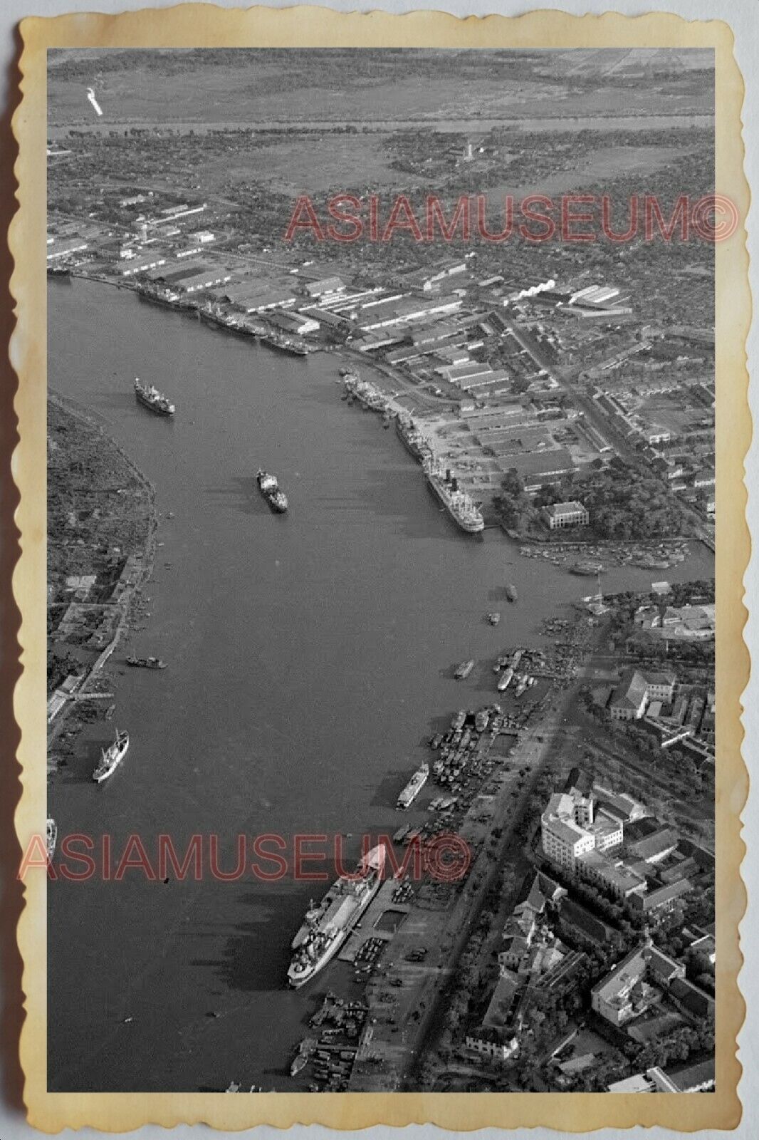 40s Vietnam War SAIGON MEKONG RIVER PORT SHIP AERIAL VIEW SKY VINTAGE Photo 1601