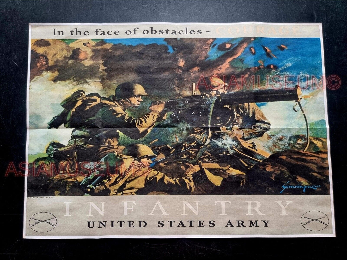 1943 WW2 USA IN THE FACE OF OBSTACLES INFANTRY ARMY GUNS PROPAGANDA POSTER 579