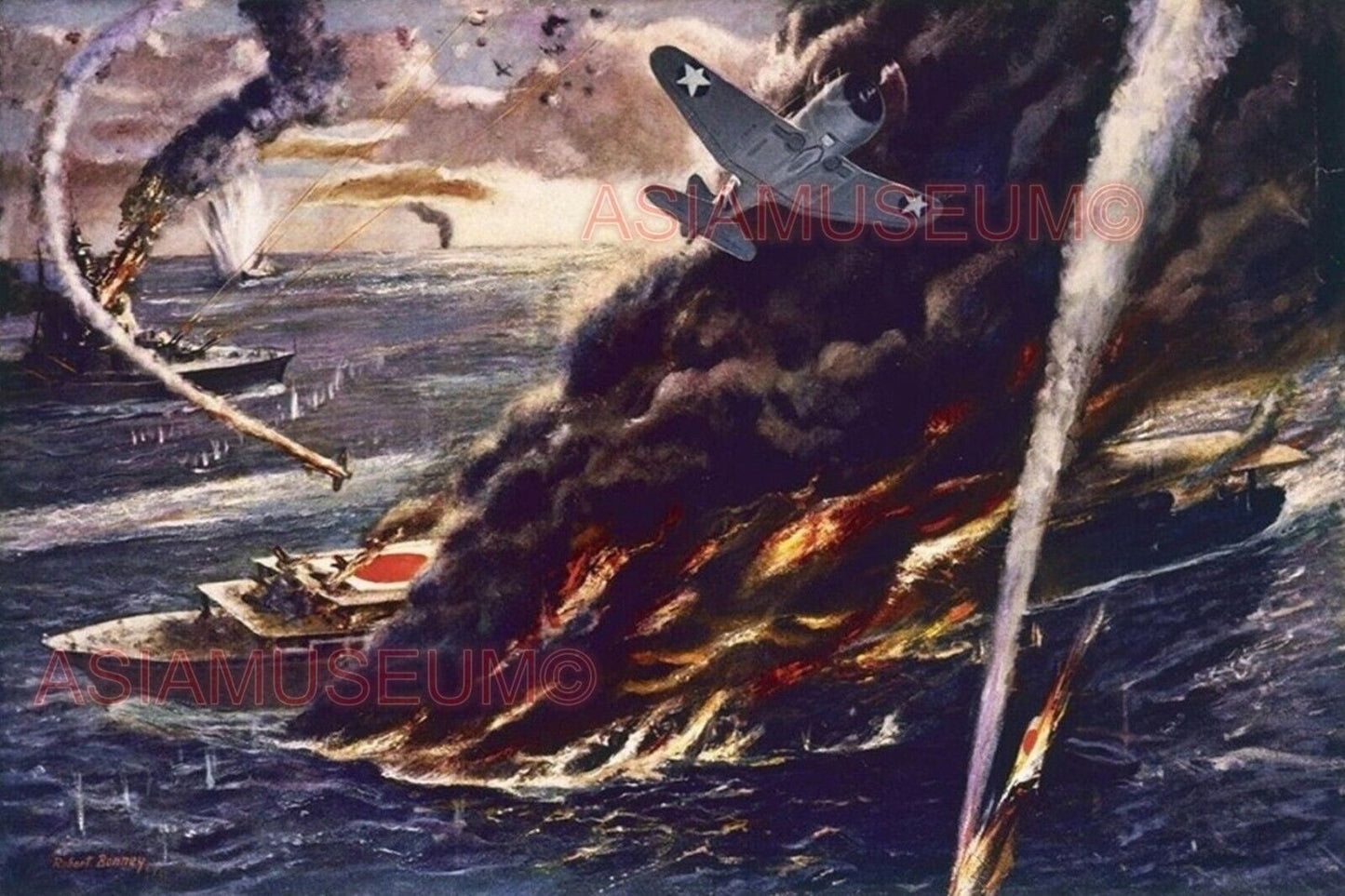 1942 WW2 US AMERICA AIRCRAFT NAVY BOMBER PLANE JAPAN WARSHIP BATTLE ART Postcard