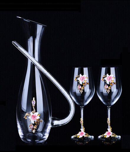Set Antique Nordic Renaissance Vintage Brass Pink Crystal Glass Decanter Wine T