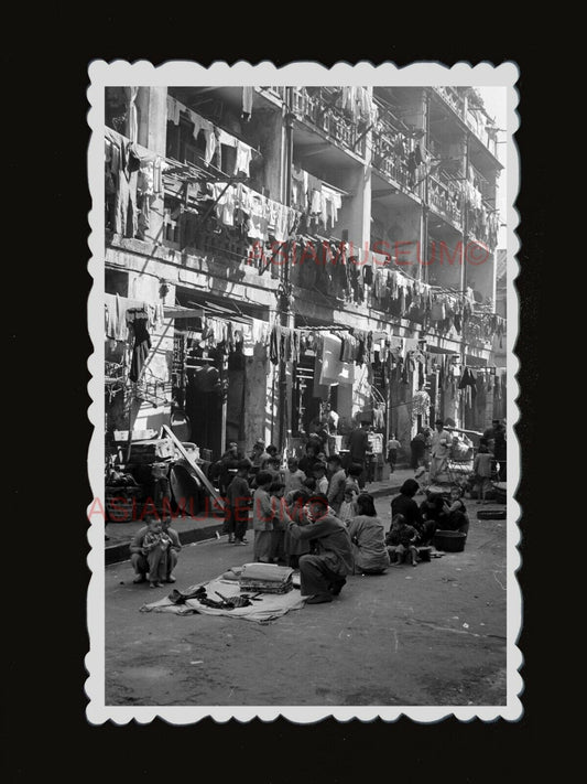 1940s Market Street Scene Women Kids Vintage B&W Old Hong Kong Photograph #1650