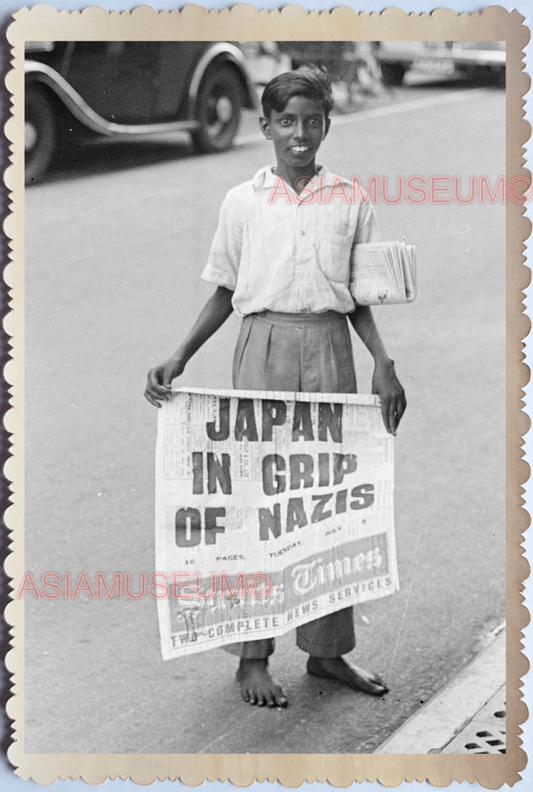 WW2 STREET SCENE NEWSPAPER BOY SELLER JAPAN CAR  Vintage Singapore Photo 17589