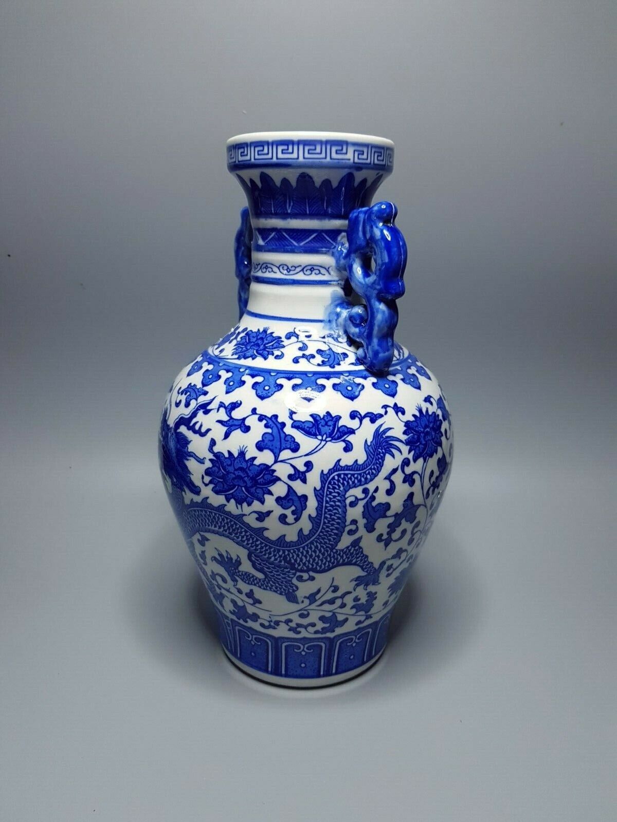 Antique 17th Qing Dynasty Qianlong Marked DRAGON VASE Glaze Blue White Porcelain